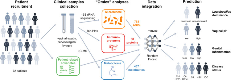 A multiomics approach leveraging random forests classifiers identified several associations between vaginal microbiome, vaginal pH, genital inflammation, disease status, and metabolome.